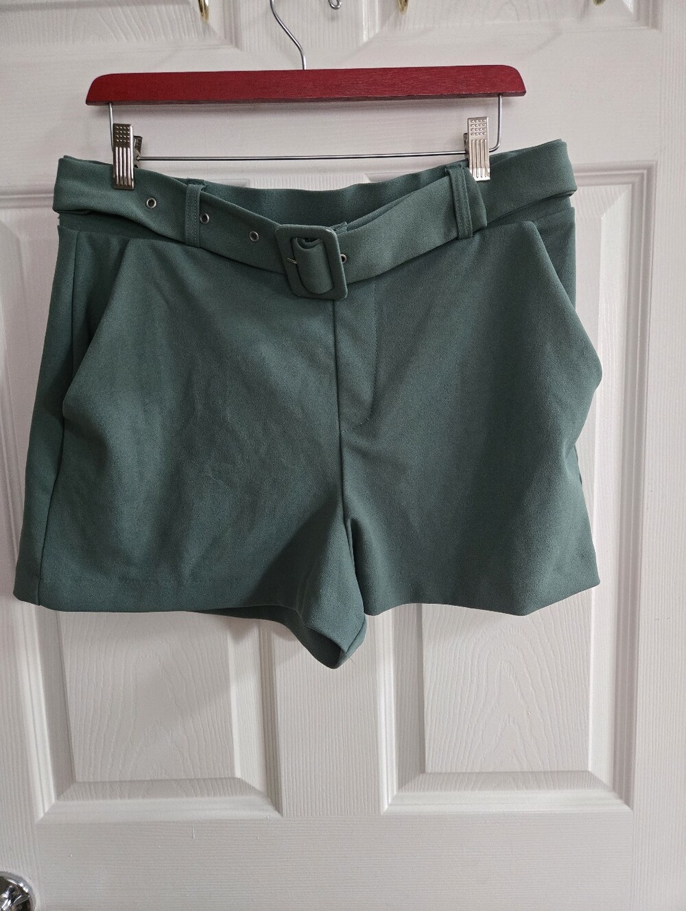 Fashion Nova Tailored Stretch Women'sWaist Belted Shorts in Sage - Picture 1 of 5